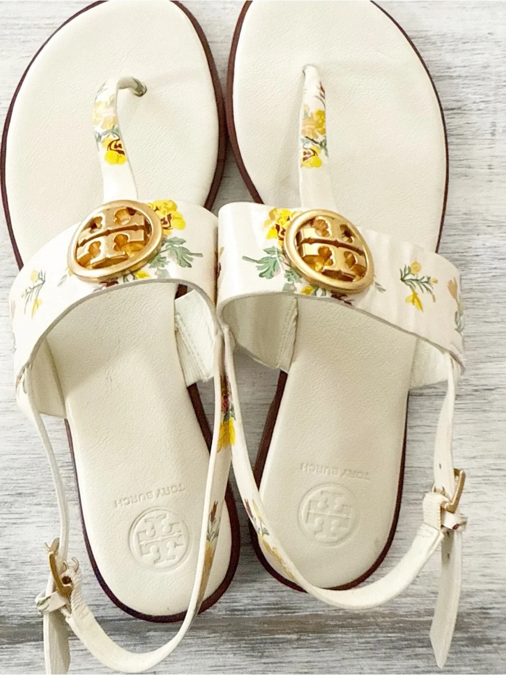 Tory Burch Benton Floral Thong Sandals with Gold Logo size 9